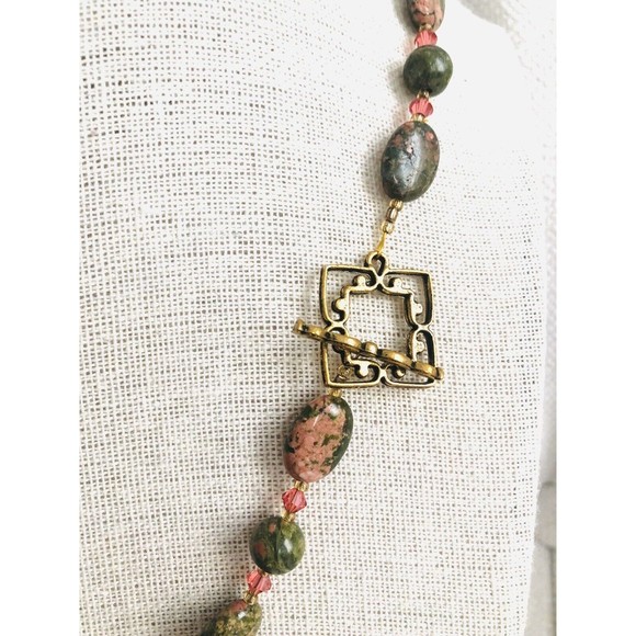 Natural Unakite Gemstone and Glass Beads Artisan Necklace 19 inch - Picture 3 of 5